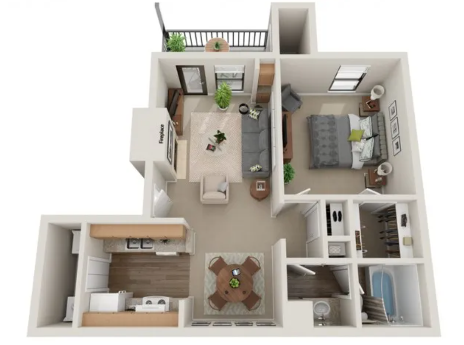 Floor plan for 1 bed, 1 bath, 639 sqft